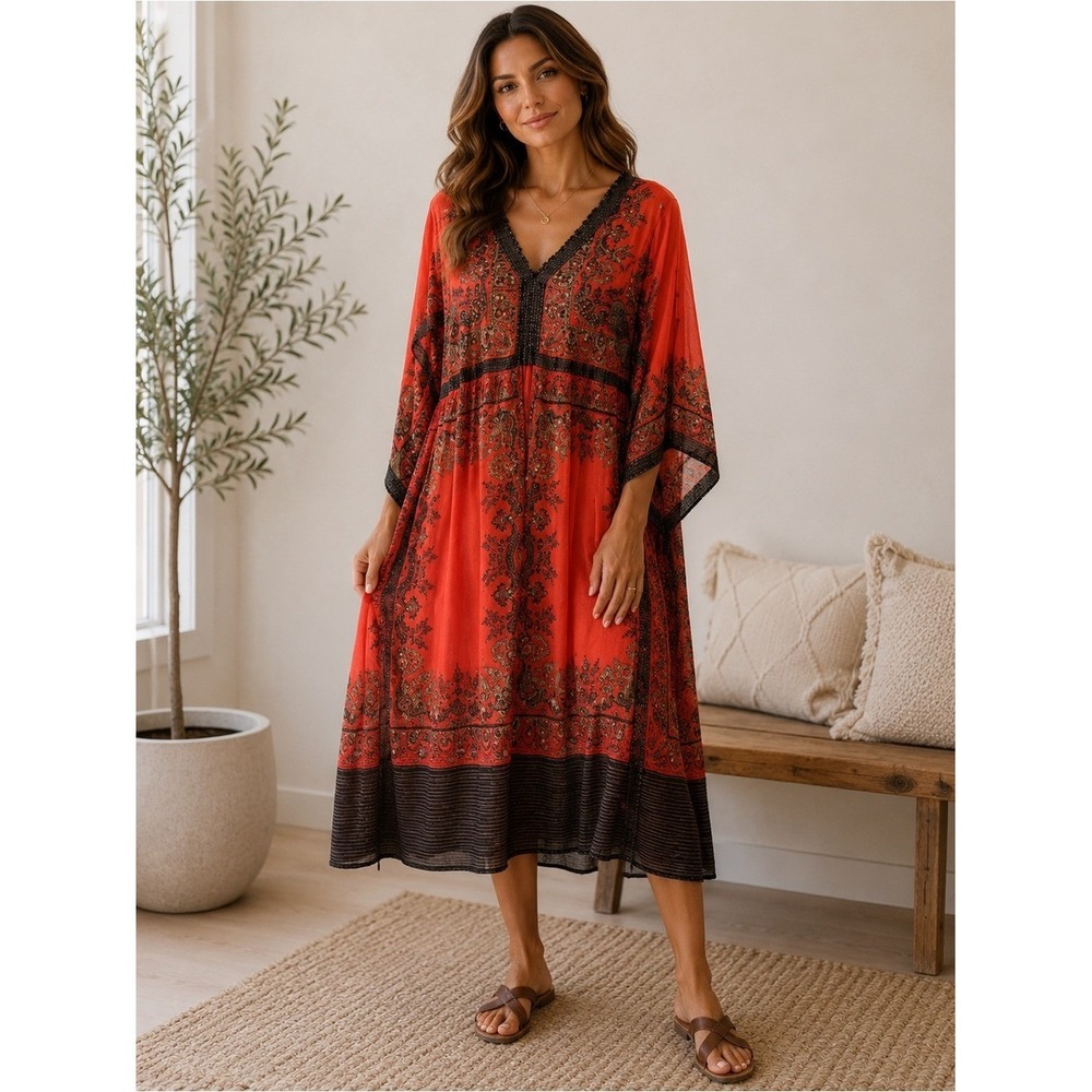Phool Kaftan Dress Womens 1X Red Paisley Sequin Boho Rayon Midi Kimono Sleeve